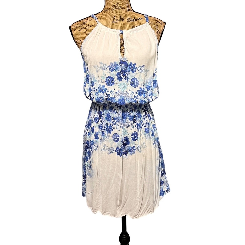 Eyeshadow White‎ Blue Floral Print Sundress Sleeveless Keyhole Tie Back Small